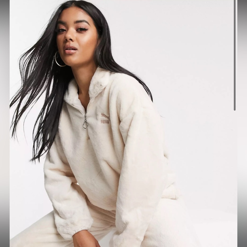 PUMA -  Faux Fur Half Zip Jumper Beige from ASOS